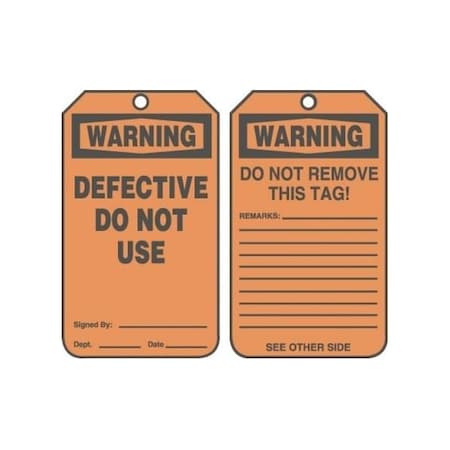 Accuform Safety Tags, WARNING DEFECTIVE DO NOT USE, 5.75in x 3.25in, PF-Cardstock, 25PK MDT314CTP